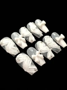 10 Pairs Of Handcrafted Wearable Arm Guards, Press-On False Nails, White Zigzag 3D Bows, Suitable For Women And Can Be Reused. Handmade Press On Nails - White - View 4