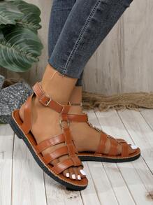 夏季新款韩版时尚罗马凉鞋百搭休闲镂空编织鞋法式复古软底防滑露趾艺术设计高端女鞋户外/沙滩装，米色 - 棕色 - 查看 4