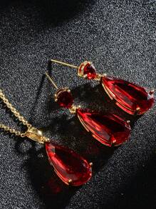 3pcs Women's Multi-Color Crystal Zirconia Jewelry Set - Gold/White Plated Multi-Color Teardrop Cubic Zirconia Crystal Earrings And Pendant Necklace Set, Suitable For Mothers' Weddings, PROM Parties, Birth Stone Fashion - 紅色 - 查看 7