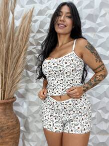 Baby Doll Pajamas With Strappy Top And Short Shorts In Ribbed Suede Comfortable Nightwear Night Line - White - View 1