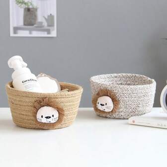 1 件可爱小篮子收纳盒编织绳圆形储物篮适用于婴儿用品幼儿园收纳篮玩具收纳篮储物箱儿童房装饰