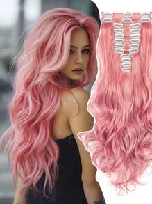 12 PCS Pink Clip In Hair Extensions Natural Soft Long Wavy Synthetic Hair Extensions 22 Inch Thick Hairpieces - Multicolor - View 1