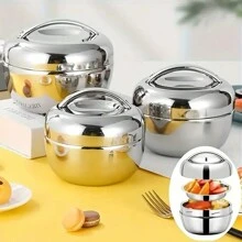 Stainless Steel Apple Shaped Bento Box, Stainless Steel Lunch Box, Travel Double-Layer Insulated Lunch Container, Reusable Portable Lunch Box For Office Workers And Students - Silver - View 2