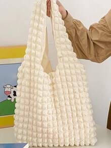 一款手工制作的韩式褶皱云朵泡泡单肩包，清新时尚的大容量手提购物袋，多功能化妆品收纳包兼钱包，便携式化妆刷架，可放置雨伞、手机、耳机等物品。