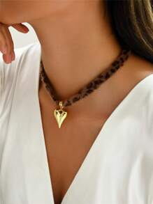 1pc Leopard Printing Necklace, Heart Bow Star Flower Pendent Necklace, Winter Necklace, Daily Accessory, Dating, Party Necklace, Woman Gift, Valentine's Day Gift Valentines