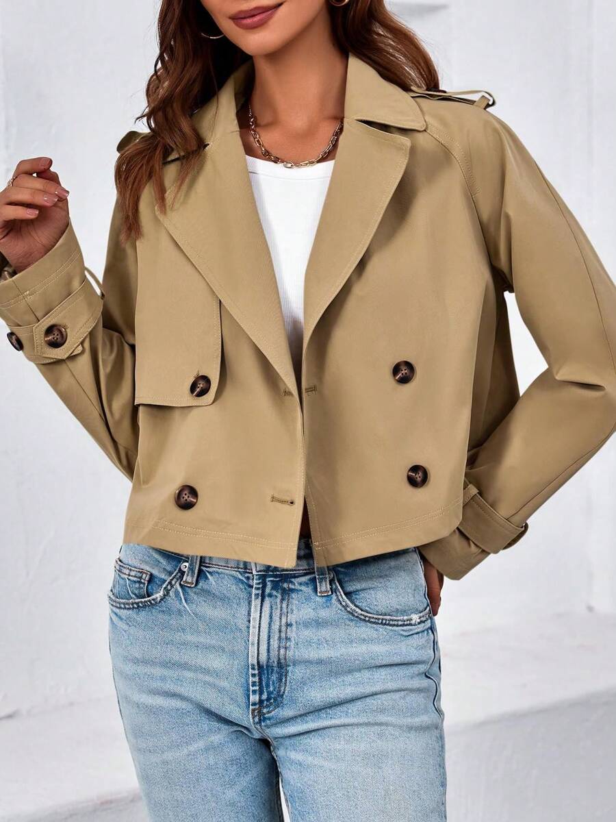 Womens Cropped Trench Coat Lapel Double Breasted Short Jacket Outwear Christmas Gift & New Year Gift - Khaki - View 1