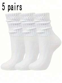 5 pares de calcetines arrugados de unicolor para mujer, calcetines de burbujas de moda, calcetines de punto casuales, cómodos y transpirables - Blanco - Ver 1