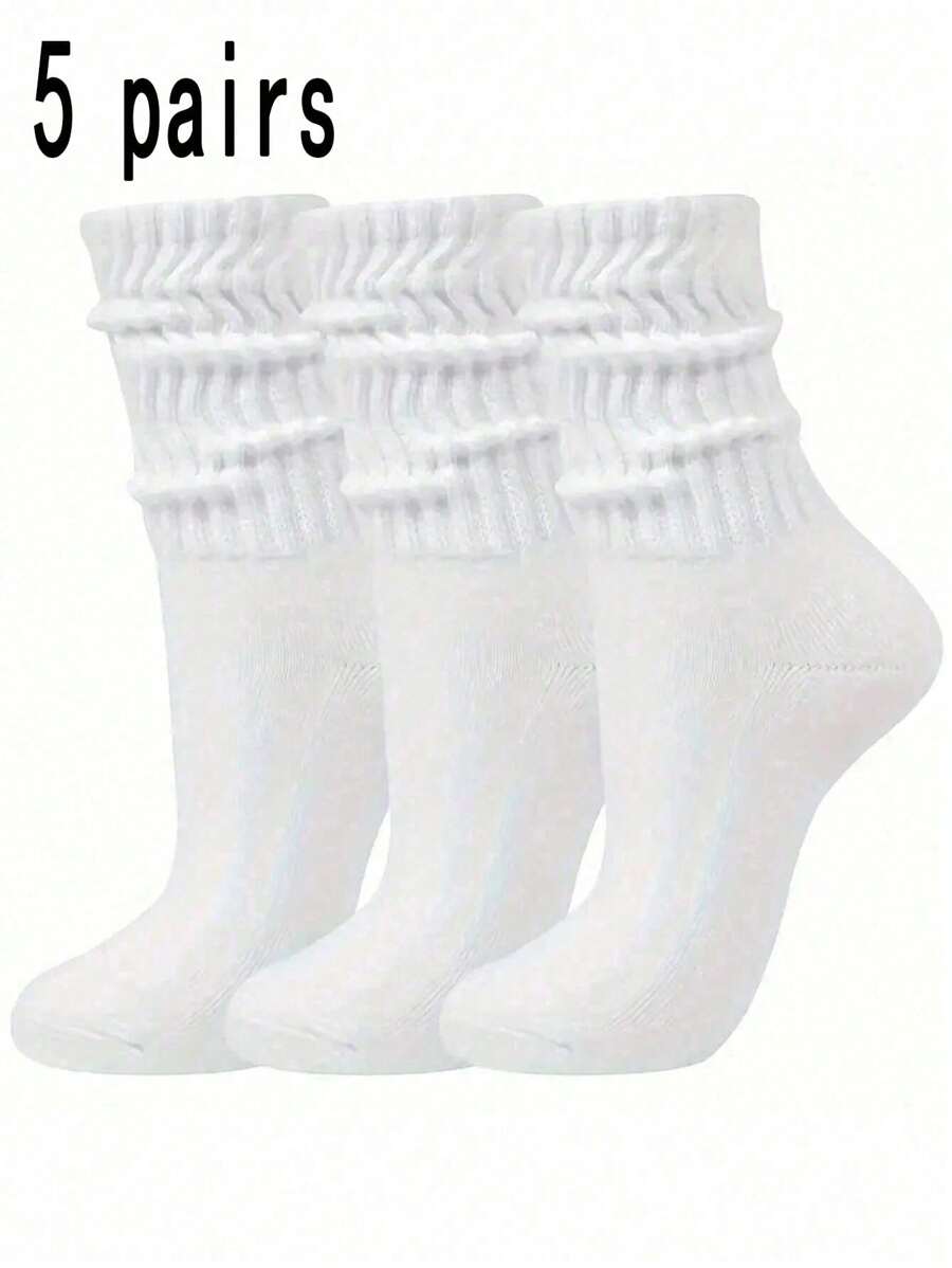 5 pares de calcetines arrugados de unicolor para mujer, calcetines de burbujas de moda, calcetines de punto casuales, cómodos y transpirables - Blanco - Ver 1