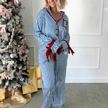 Womens Striped Pajama Set Long Sleeve Button-Up Crop Tops Bow Long Pants 2 Piece Sleepwear Outfit - 藍色 - 查看 5
