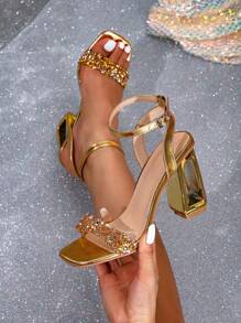 Elegant Women's Gold Open Toe Electroplated High Metallic Thick Heel Mules, Attractive Metal Decor Party Summer Strap Slide Sandals, Comfortable For Formal Dresses And Casual Daily Wear