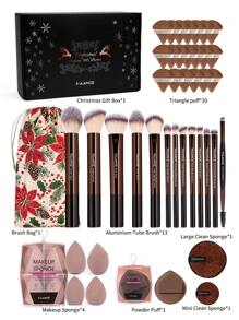 MAANGE 13Pcs Professional Soft Long Aluminum Tube Makeup Brushes With Storage Bag Christmas Gift Box+27pcs Powder Puff Accessories,Foundation Brush, Eyeshadow Brush, Eyebrow Brush, Blending Brush,Highlight Brush,Concealer Brush,Makeup Brush For Powder Liquid Cream,Makeup Tool With Soft Fiber For Easy Carrying,Brush For Travel,Christmas Theme Gifts For Women&Girls - 咖啡棕 - 查看 3