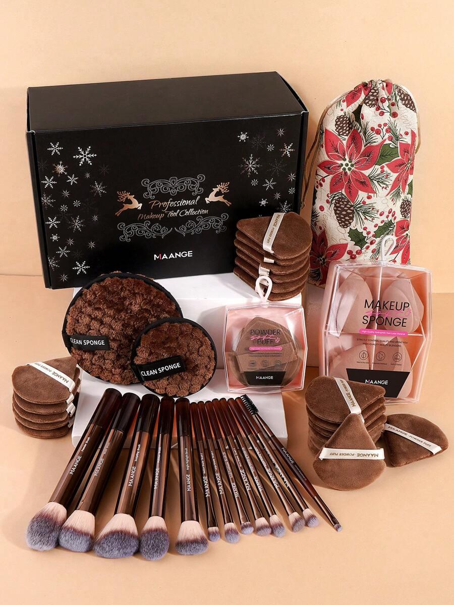 MAANGE 13Pcs Professional Soft Long Aluminum Tube Makeup Brushes With Storage Bag Christmas Gift Box+27pcs Powder Puff Accessories,Foundation Brush, Eyeshadow Brush, Eyebrow Brush, Blending Brush,Highlight Brush,Concealer Brush,Makeup Brush For Powder Liquid Cream,Makeup Tool With Soft Fiber For Easy Carrying,Brush For Travel,Christmas Theme Gifts For Women&Girls - 咖啡棕 - 查看 1