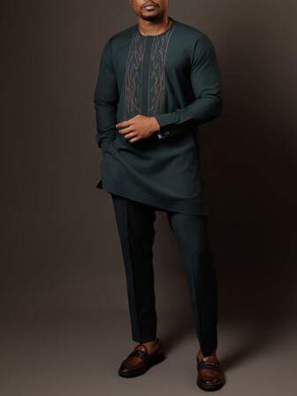 Nuevo conjunto tradicional de 2 piezas para hombre: camisa bordada de manga larga con parche y pantalón casual para fiestas, eventos de negocio o celebraciones