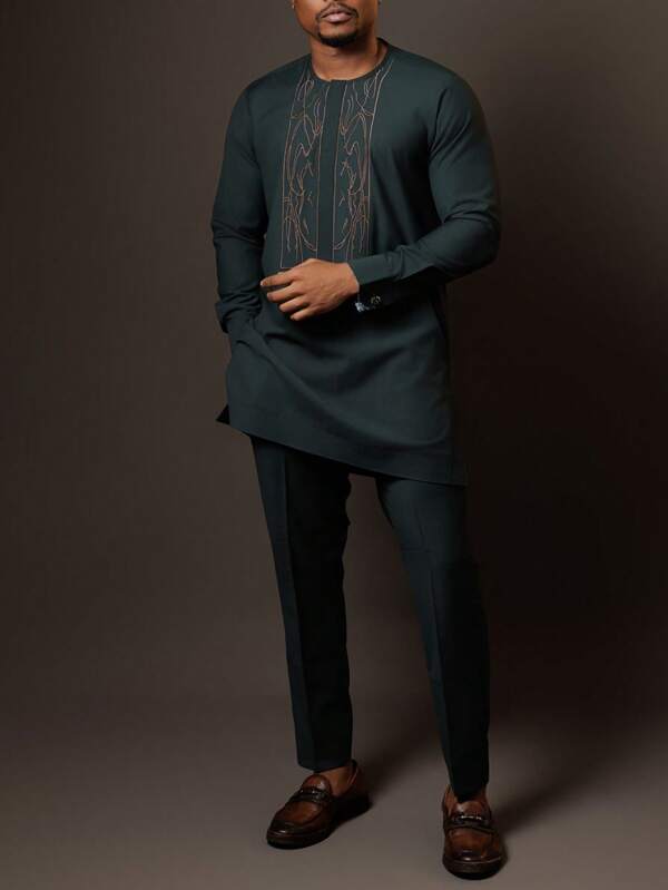 Novo Conjunto de Terno Masculino Tradicional com Camisa de Manga Longa Bordada em Bloco de Cores e Calça Casual 2 Peças, Conjunto de Terno Masculino para Festa,