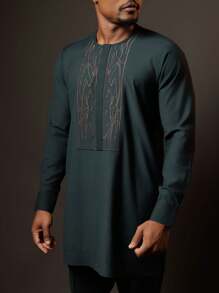 新款男士传统服饰男士西装长袖刺绣拼布衬衫和休闲裤两件套节日聚会商务男士西装