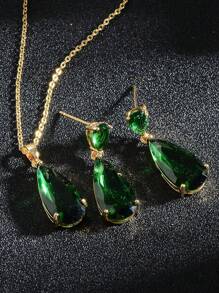 3pcs Women's Multi-Color Crystal Zirconia Jewelry Set - Gold/White Plated Multi-Color Teardrop Cubic Zirconia Crystal Earrings And Pendant Necklace Set, Suitable For Mothers' Weddings, PROM Parties, Birth Stone Fashion - màu xanh lá - Xem 5