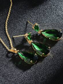 3pcs Women's Multi-Color Crystal Zirconia Jewelry Set - Gold/White Plated Multi-Color Teardrop Cubic Zirconia Crystal Earrings And Pendant Necklace Set, Suitable For Mothers' Weddings, PROM Parties, Birth Stone Fashion - màu xanh lá - Xem 4