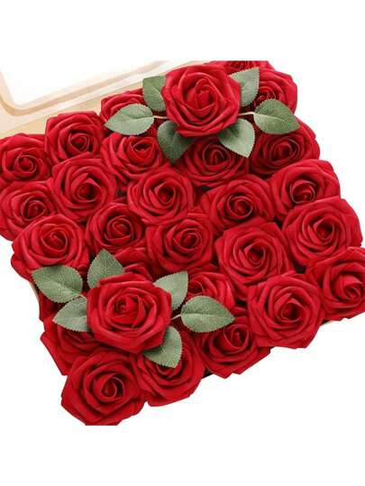 5/25/50 Pcs Realistic Roses Artificial Flowers , Fake Roses With Bendable Long Stems, Texture Flowers For Valentine's Day Wedding Decorations,Home Decor, Arrangement, Event, Holiday,Parties.(Every 25 With 2pcs Of Leaves) Gifts Birthday Graduation
