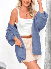 Women's Oversized Cardigan Fall Long Lantern Sleeve Knit Cardigan Lightweight - 霧藍色 - 查看 5