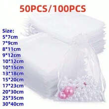 50/100pcs White Organza Gift Bags, New Year Party Candy Bags, Wedding Favor Bags, New Year Party Colorful Drawstring Organza Bags With Ribbons, Multiple Sizes, Baking Packaging Bags, Jewelry Gift Bags, Suitable For Weddings, Back To School Gifts, Family Gatherings, Celebrations, Outdoor Parties, All Seasons, Can Also Be Used As Fruit Protection Bags