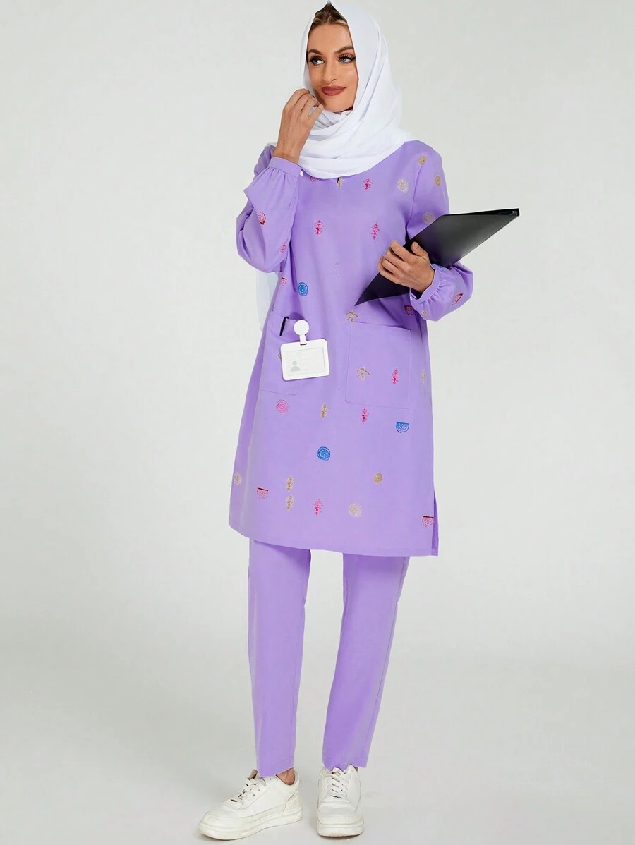 cimmuovere Relaxed & Comfortable Floral Print Long Sleeve Tunic With Split Neck & Hem, Suitable For Abaya, Kaftans, Kurtas, Scrubs, Nurse Scrub Uniforms, Healthcare, Workwear With Pockets