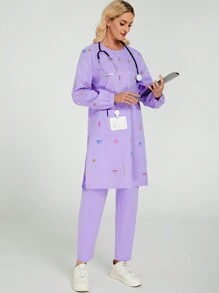 cimmuovere Relaxed & Comfortable Floral Print Long Sleeve Tunic With Split Neck & Hem, Suitable For Abaya, Kaftans, Kurtas, Scrubs, Nurse Scrub Uniforms, Healthcare, Workwear With Pockets
