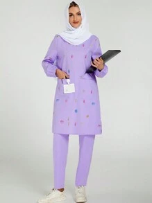 cimmuovere Relaxed & Comfortable Floral Print Long Sleeve Tunic With Split Neck & Hem, Suitable For Abaya, Kaftans, Kurtas, Scrubs, Nurse Scrub Uniforms, Healthcare, Workwear With Pockets