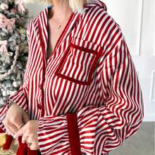 Womens Striped Pajama Set Long Sleeve Button-Up Crop Tops Bow Long Pants 2 Piece Sleepwear Outfit - Đỏ - Xem 4