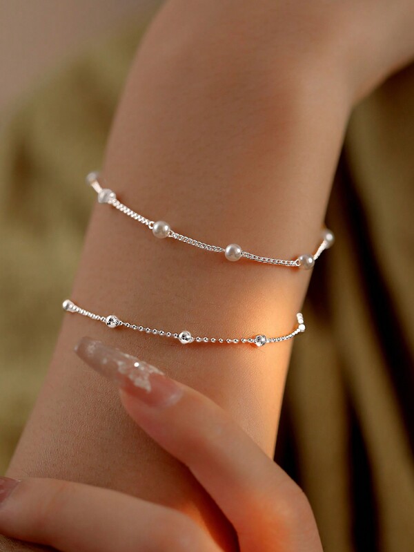 Nooxian 2pcs Silver Jewelry Set Fashion Minimalist Faux Pearl Bracelet Set Unique Luxury Ladies Multilayer Bracelet Jewelry Gift (Bead Quantity Random)