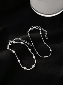 Nooxian 2 件银首饰套装时尚简约仿珍珠手链套装独特奢华女士多层手链珠宝礼物（珠子数量随机）