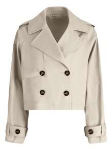 Womens Cropped Trench Coat Lapel Double Breasted Short Jacket Outwear Christmas Gift & New Year Gift - Màu be - Xem 5