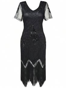 BABEYOND 1920s Art Deco Fringed Sequin Dress Roaring 20s Flapper Fancy Dress - màu đen - Xem 5