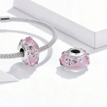 bamoer 1 件 925 纯银可爱粉红蝴蝶欧洲穆拉诺玻璃吊饰蓝色雪花珠适用于 DIY 吊饰手链圣诞礼物