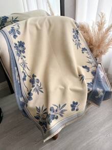 1 件优雅花卉图案提花仿羊绒保暖围巾/披肩，适合女士，适合日常使用和装饰，适合秋冬季 - 米藍色 - 查看 3