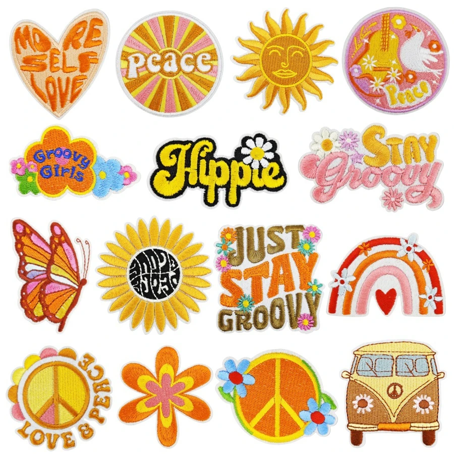 15pcs Hippy Iron On Patches, Sew On Embroidered Applique Repair Patch DIY Crafts Projects For Christmas Valentine's Day Clothing Jacket Jeans Pants Dress Backpack Hat Decorations Gifts - Multicolor - View 1
