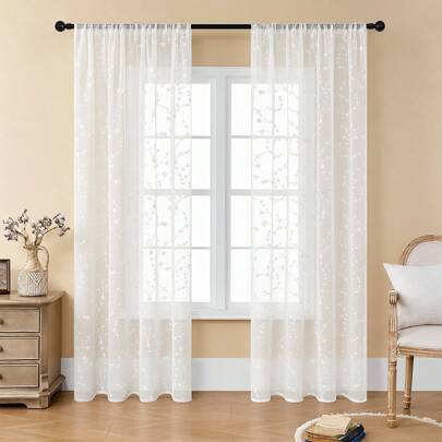 قطعة واحدة ستائر شفافة مطرزة، بنمط زهري، ستارة خصوصية، ستارة بيضاء على طراز المزرعة مناسبة للغرفة المعيشية والنوم وديكور المنزل والهدايا والأعياد، ستارة شبه شفافة مطرزة بجيب للعصا