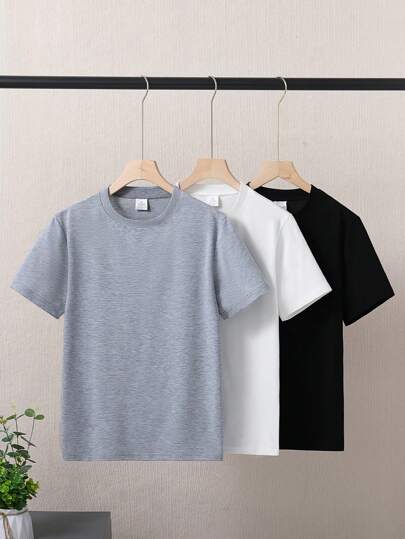 3pcs Summer Teen Boys Casual Solid Color Round Neck Short Sleeve All-Match Daily Wear T-Shirts, Comfortable Lightweight, Suitable For Middle School Students