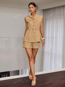 Women's Solid Color Drawstring Waist Button Up Sleeveless Top And Shorts 2 Pieces Set, Summer Casual Outfit Suitable For Vacation, Music Festival