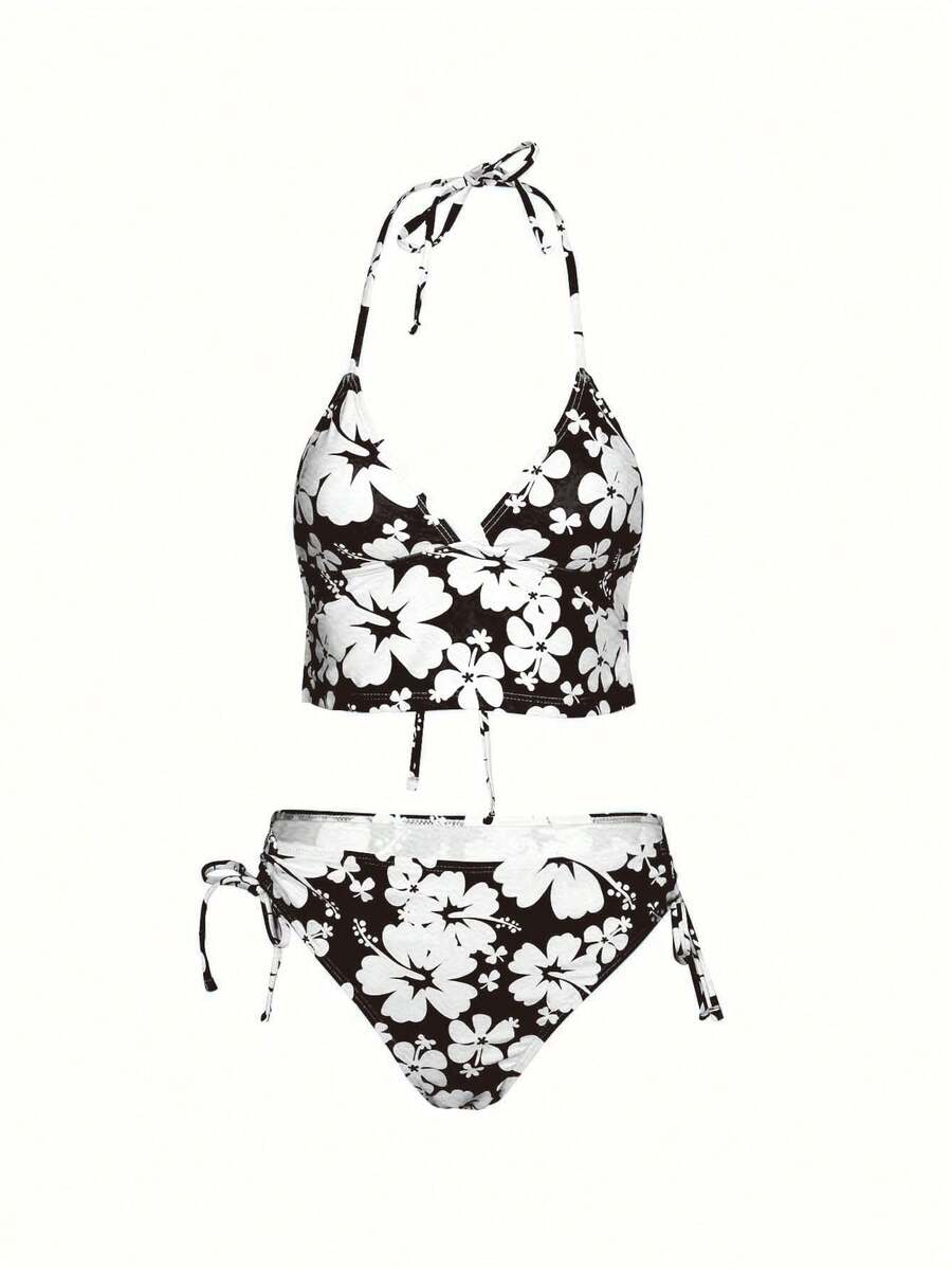 Women's All-Over Floral Print Tie Strap Tankini Swimwear - Black - View 1