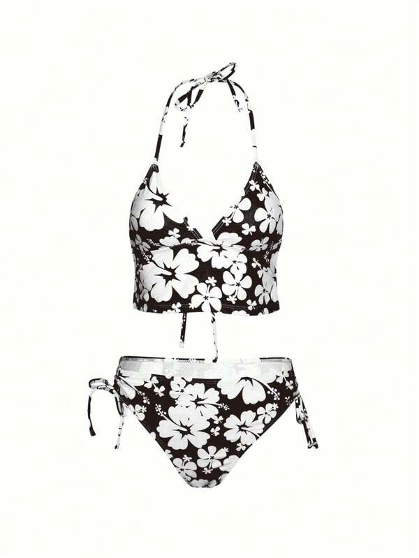 Maillot de bain femme avec imprimé floral intégral et bretelles nouées