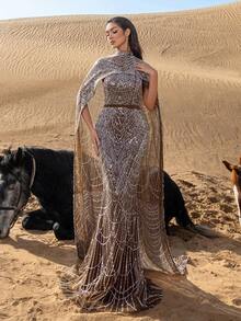 Faeriesty Haute Glamour Luxurious Shimmering Beaded Sequin Maxi Dress With Cape & Fish Tail Hem – High-End Couture, Mermaid Gown, Star-Approved Red Carpet Dress For Weddings, Galas, And Celebrity-Style Parties - Brown - View 5