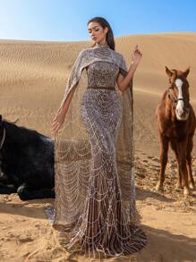 Faeriesty Haute Glamour Luxurious Shimmering Beaded Sequin Maxi Dress With Cape & Fish Tail Hem – High-End Couture, Mermaid Gown, Star-Approved Red Carpet Dress For Weddings, Galas, And Celebrity-Style Parties - Brown - View 2