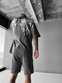 Men's Contrast Color Print Round Neck Short Sleeve T-Shirt, Summer - 灰色 - 查看 5