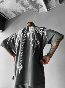 Men's Contrast Color Print Round Neck Short Sleeve T-Shirt, Summer - 灰色 - 查看 4