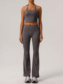 Sodalemon Spring And Summer 2 Pcs Set Women Fitness Dance Y2K Foldover Waist Flare Yoga Sports Pants Halter Padded Tank Top Sport Set