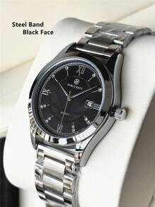 Pablo Raez 1pc Black Business High Quality Man Dress Watch Top Brand New AAA Superior Wristwatch For Man Stainless Steel IPS Silver Color Case Luxury Solid Steel Bracelet Gentleman Gorgeous Diamond Dial With Date Fashion Crystal Design 50M Waterproof Male Quartz Wristwatch