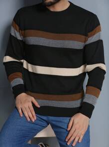 Men's Knitted Sweater Coat Sweater Cold Weather Round Neck Long Sleeve Wool Blouse - 黑色 - 查看 1