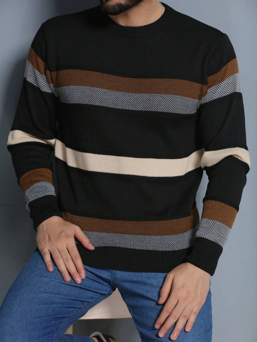 Men's Knitted Sweater Coat Sweater Cold Weather Round Neck Long Sleeve Wool Blouse - 黑色 - 查看 1