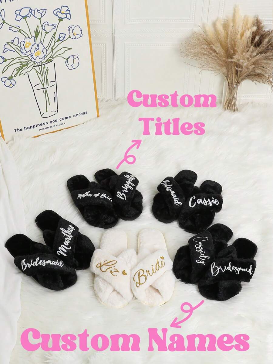 Custom Fluffy Slippers, Custom Bride Slippers, Fluffy Bridesmaid Slippers, Bride Slipper Personalized, Christmas Party Slippers, Fluffy Slippers, Bride Slippers, Fluffy Cross Pearls Slippers, Bride Gift, Bridal Shower Gift