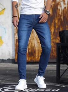 1 件男士修身弹力休闲街头潮流透气口袋慢跑牛仔裤，适合城市散步、家庭户外活动、四季